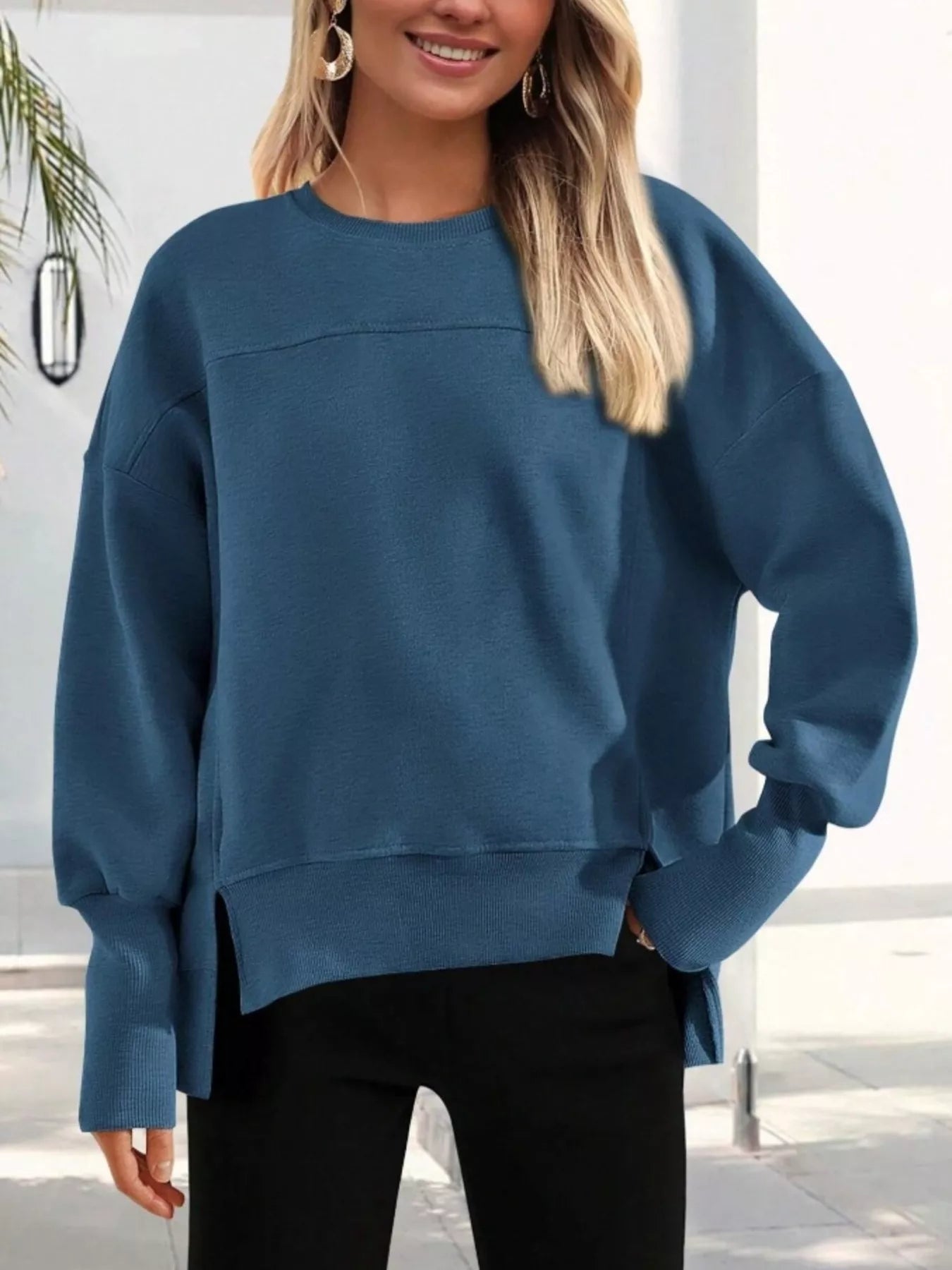 Slit Round Neck Dropped Shoulder Sweatshirt | Sweatshirts Daverri Fashions