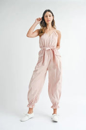 MABLE Washed Fabric Spaghetti Strap Waist Belted Jumpsuit | Jumpsuits Daverri Fashions