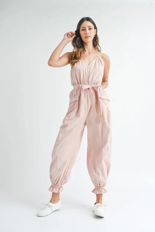 MABLE Washed Fabric Spaghetti Strap Waist Belted Jumpsuit Jumpsuits
