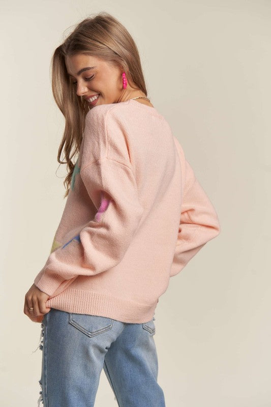 ADORA Blush Stars Pattern Round Neck Drop Shoulder Sweater Sweaters