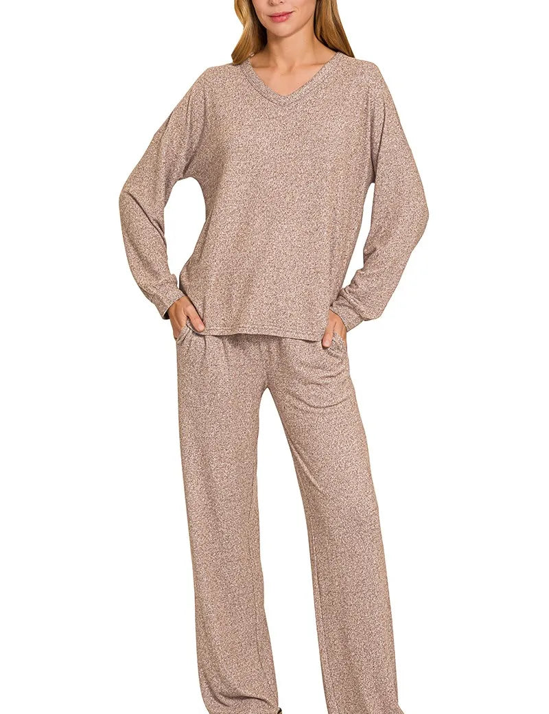 Zenana Soft Melange Long Sleeve Tee & Pants Set | Daverri Fashions