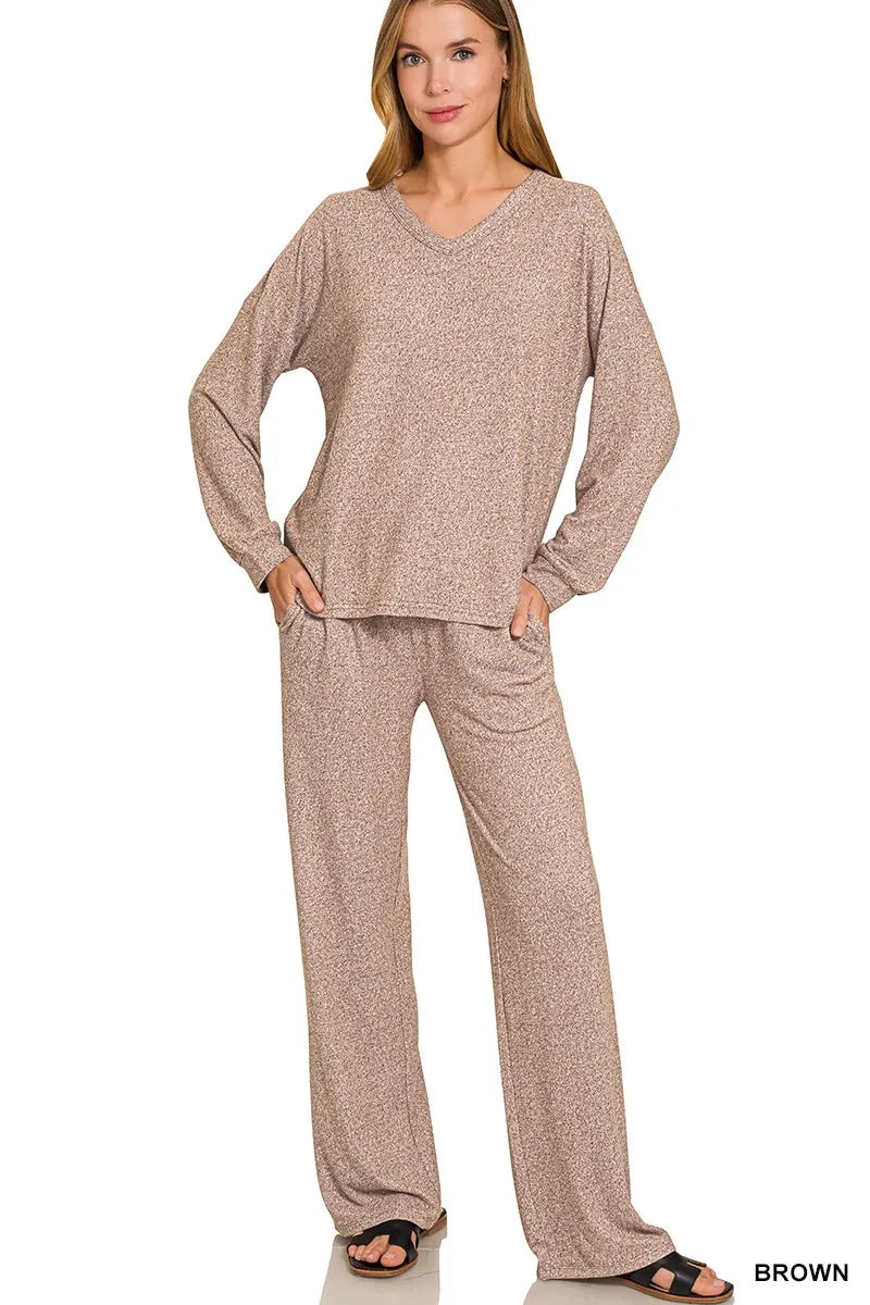Zenana Soft Melange Long Sleeve Tee & Pants Set | Daverri Fashions