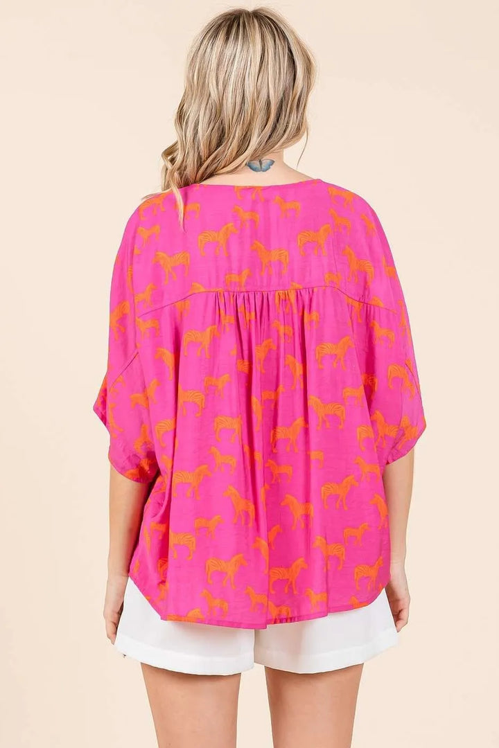 Mittoshop Zebra Print V-Neck Button Down Dolman Sleeve Top Tops