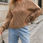 Beige cable-knit round neck dropped shoulder long sleeve sweater