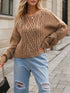 Beige cable-knit round neck dropped shoulder long sleeve sweater
