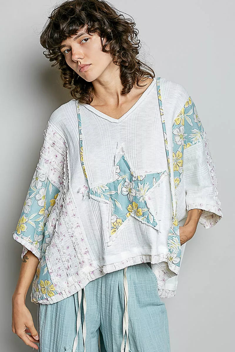 POL Floral Star Patch Hooded Blouse in white and light blue with floral patterns