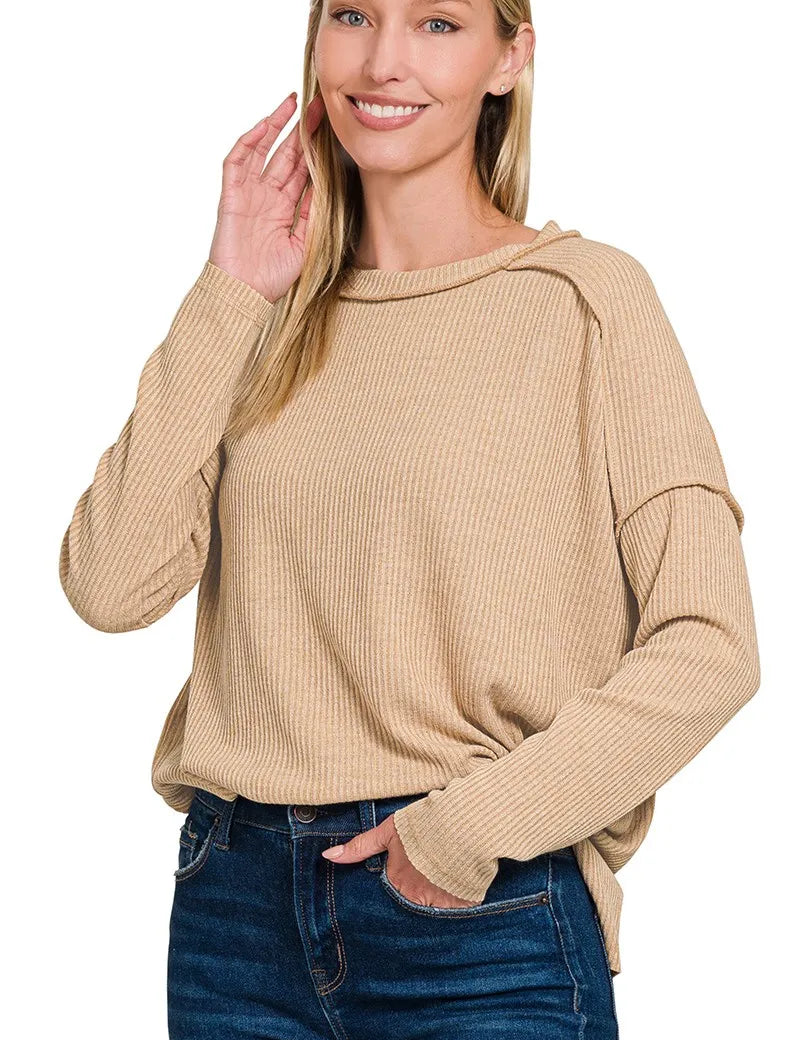 Zenana Ribbed Drop Shoulder Round Neck Sweater | Sweaters Daverri Fashions