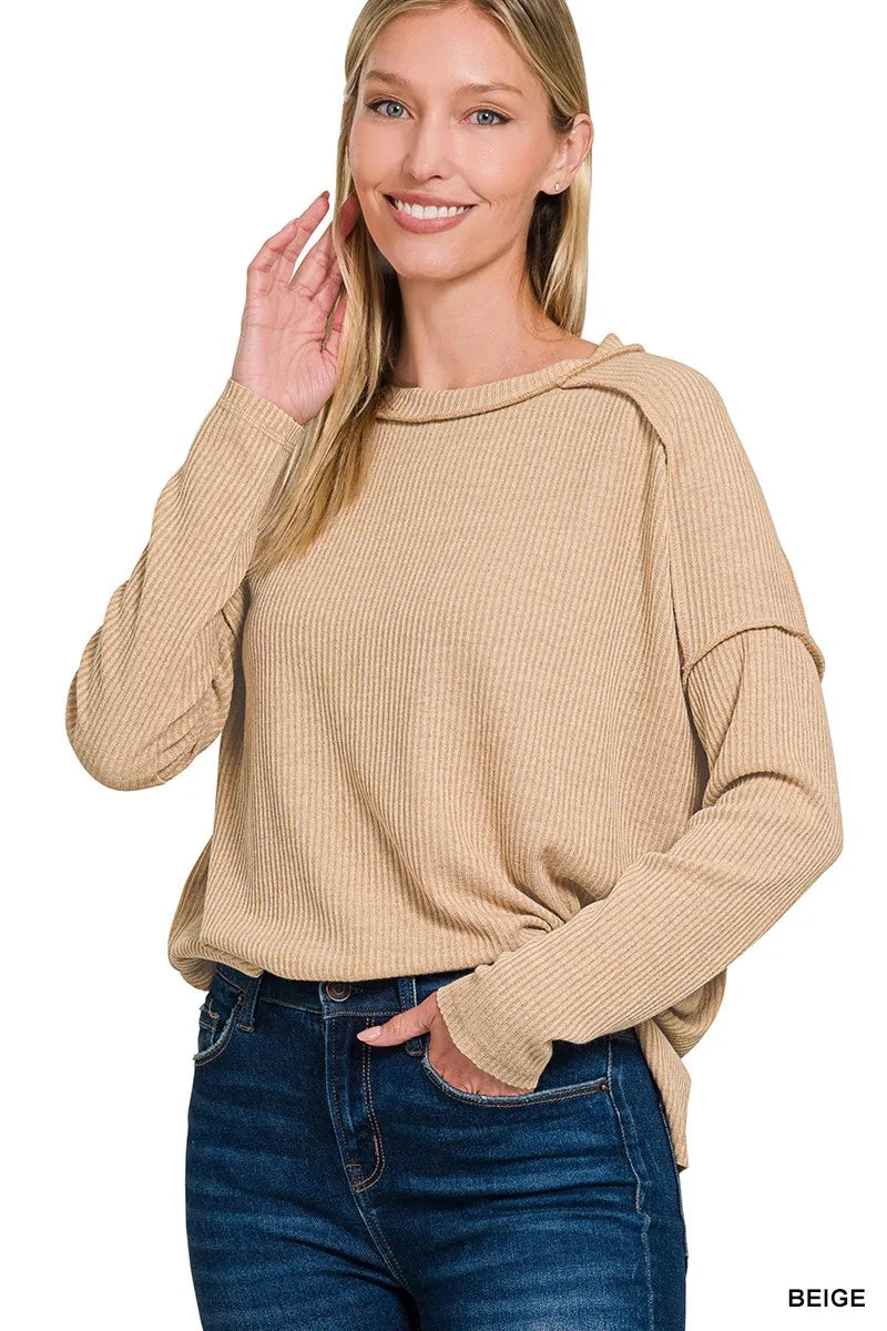 Zenana Ribbed Drop Shoulder Round Neck Sweater | Sweaters Daverri Fashions