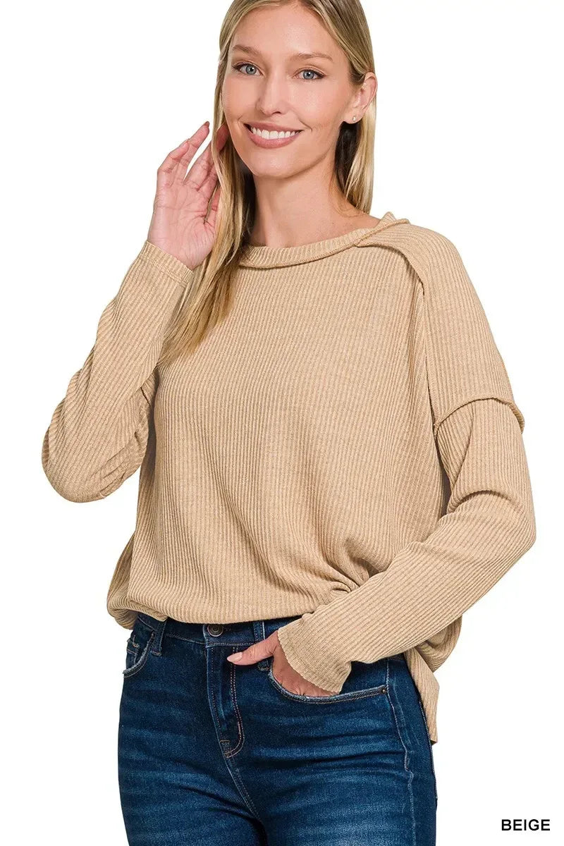 Zenana Ribbed Drop Shoulder Round Neck Sweater - DAVERRI FASHIONS