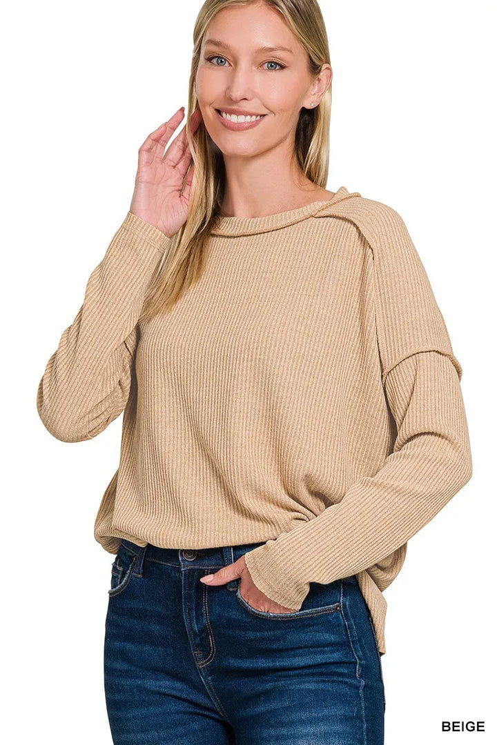 Zenana Ribbed Drop Shoulder Round Neck Sweater | Sweaters Daverri Fashions