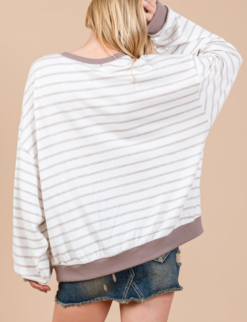 Ces Femme Striped Round Neck Drop Shoulder Sweatshirt