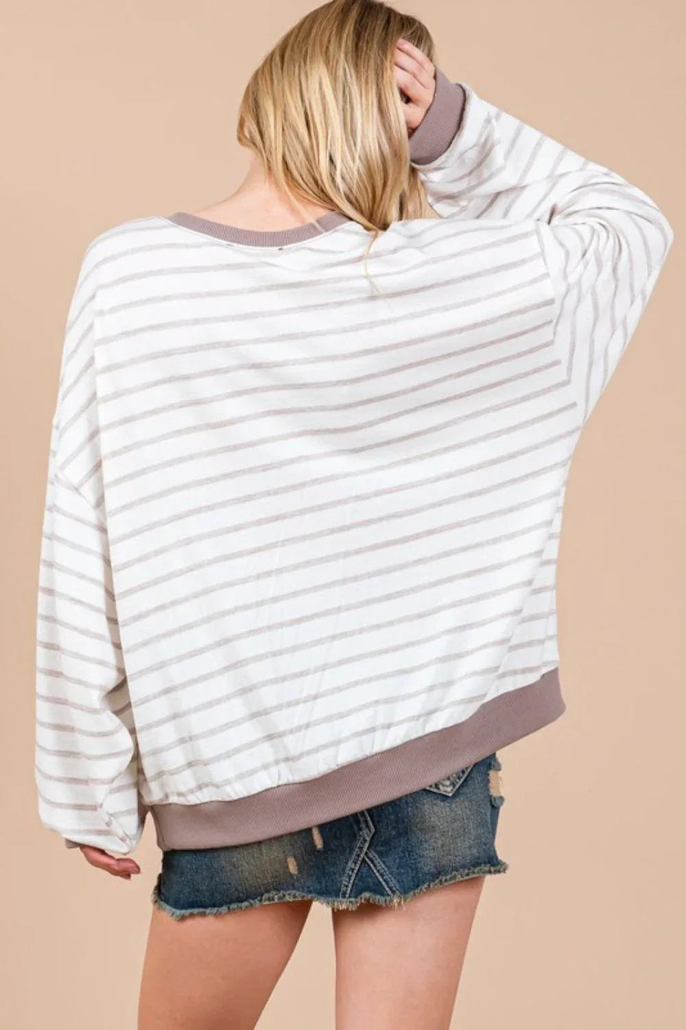 Ces Femme Striped Round Neck Drop Shoulder Sweatshirt - DAVERRI FASHIONS