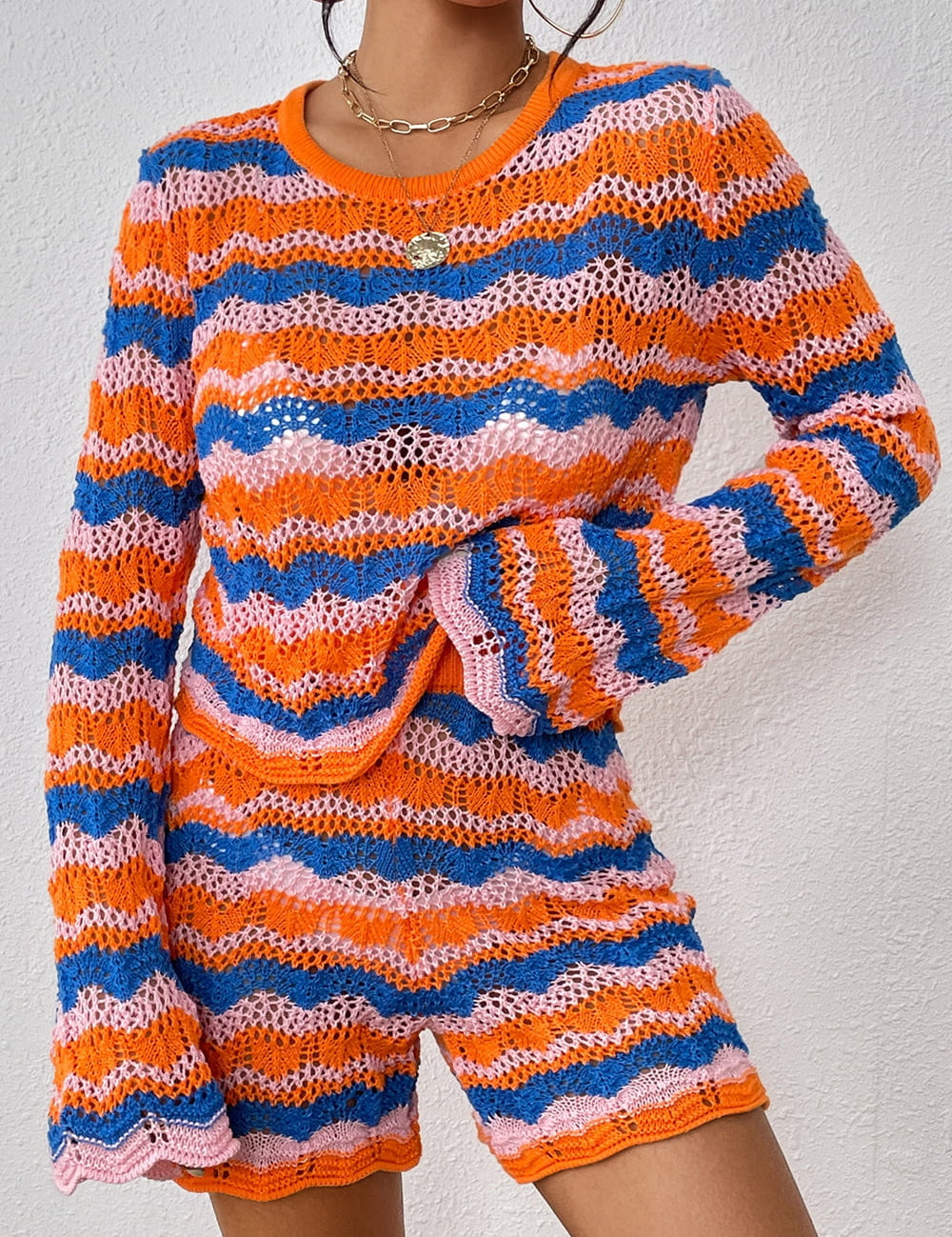 Orange-Red Striped Sweater and Knit Shorts Set | Loungewear Sets Daverri Fashions