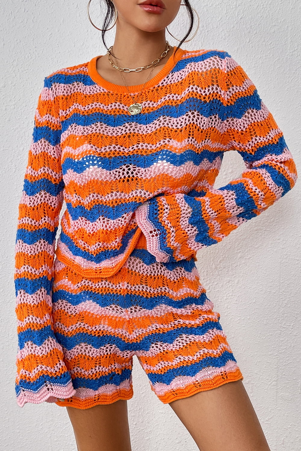 Orange-Red Striped Sweater and Knit Shorts Set | Loungewear Sets Daverri Fashions