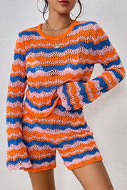 Orange-Red Striped Sweater and Knit Shorts Set | Loungewear Sets Daverri Fashions