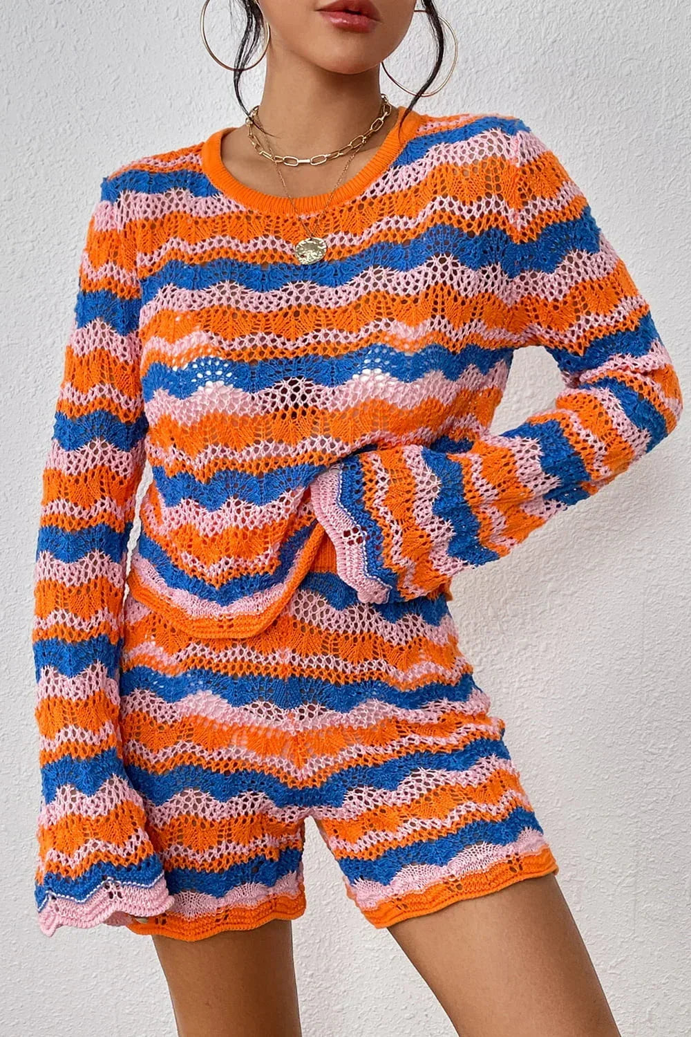 Striped Sweater and Knit Shorts Set - DAVERRI FASHIONS