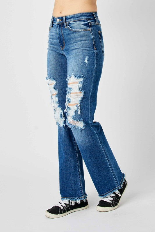 Judy Blue Full Size Mid Rise Distressed Raw Hem Jeans | Daverri Fashions