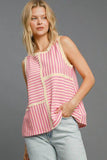 Umgee Round Neck Texture Striped Tank Pink - DAVERRI FASHIONS