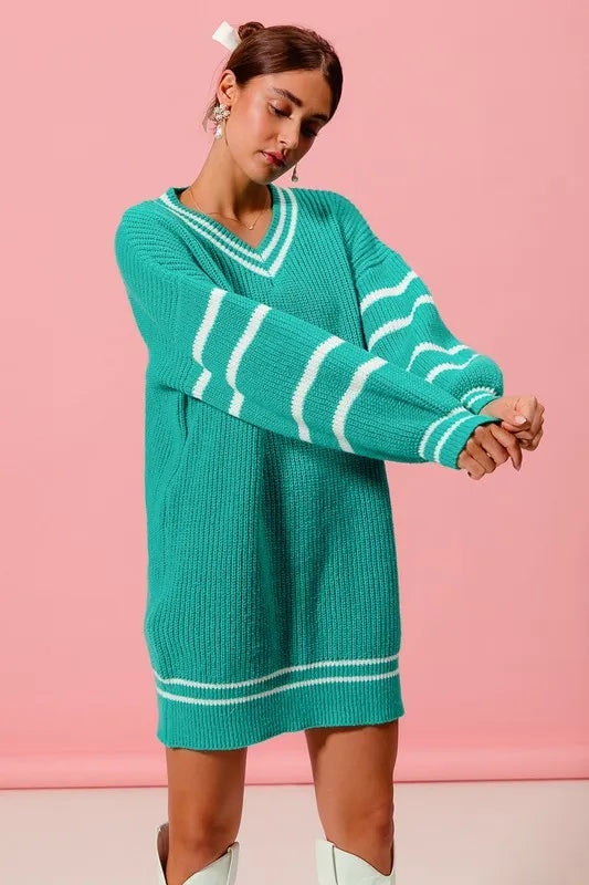 SO ME Loose V Neck Sweater Dress with Striped Sleeves