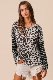 LEOPARD BLACK S BiBi Leopard Hacci Knit Twist Back Top With Stripe Sleeve | Tops Daverri Fashions