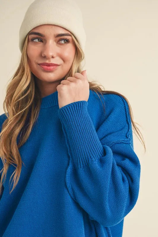 Aemi+Co Ribbed Hem Side Slit Round Neck Sweater