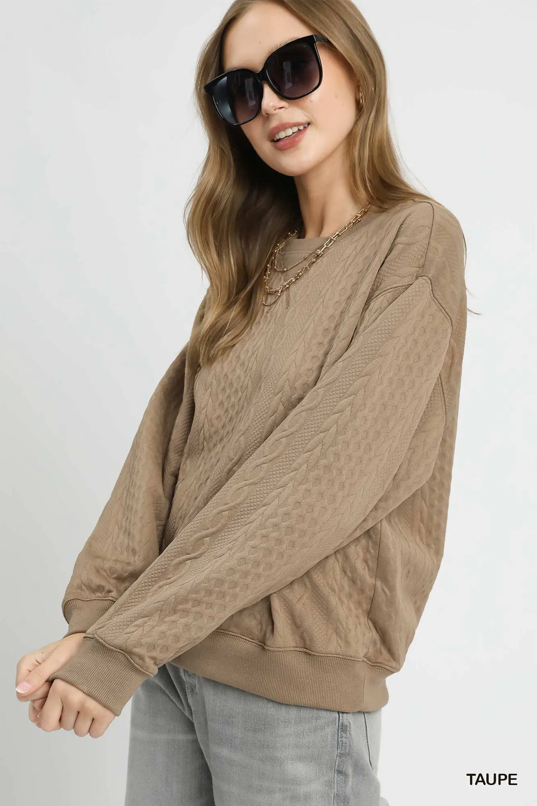 Umgee Cable Texture Pattern Sweatshirt with Ribbed Hem Sweatshirts