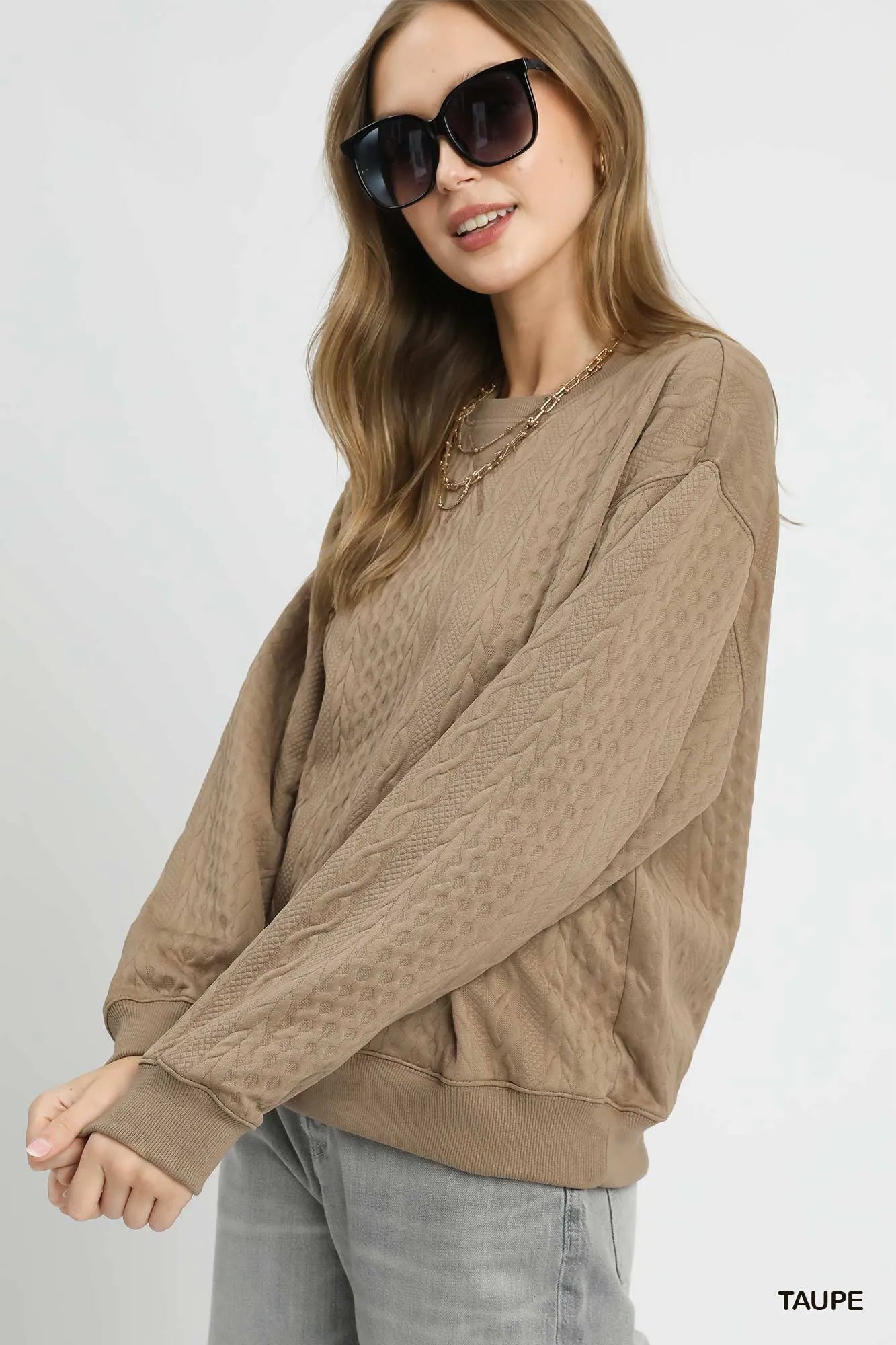 Umgee Cable Texture Pattern Sweatshirt with Ribbed Hem Sweatshirts