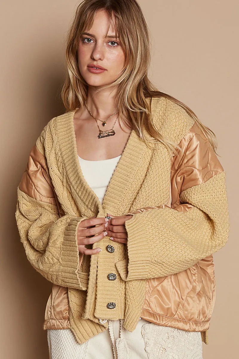 POL Quilting Patch Button Up Cable Knit Jacket Camel Multi | Jackets Daverri Fashions