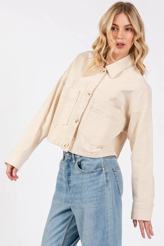 bytos Button Down Cropped Denim Jacket with Patch Pockets | Daverri Fashions