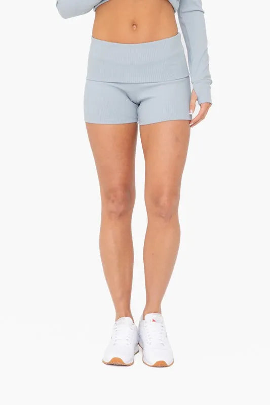 MONO B Ribbed Foldover Waist Shorts SMOKY BLUE