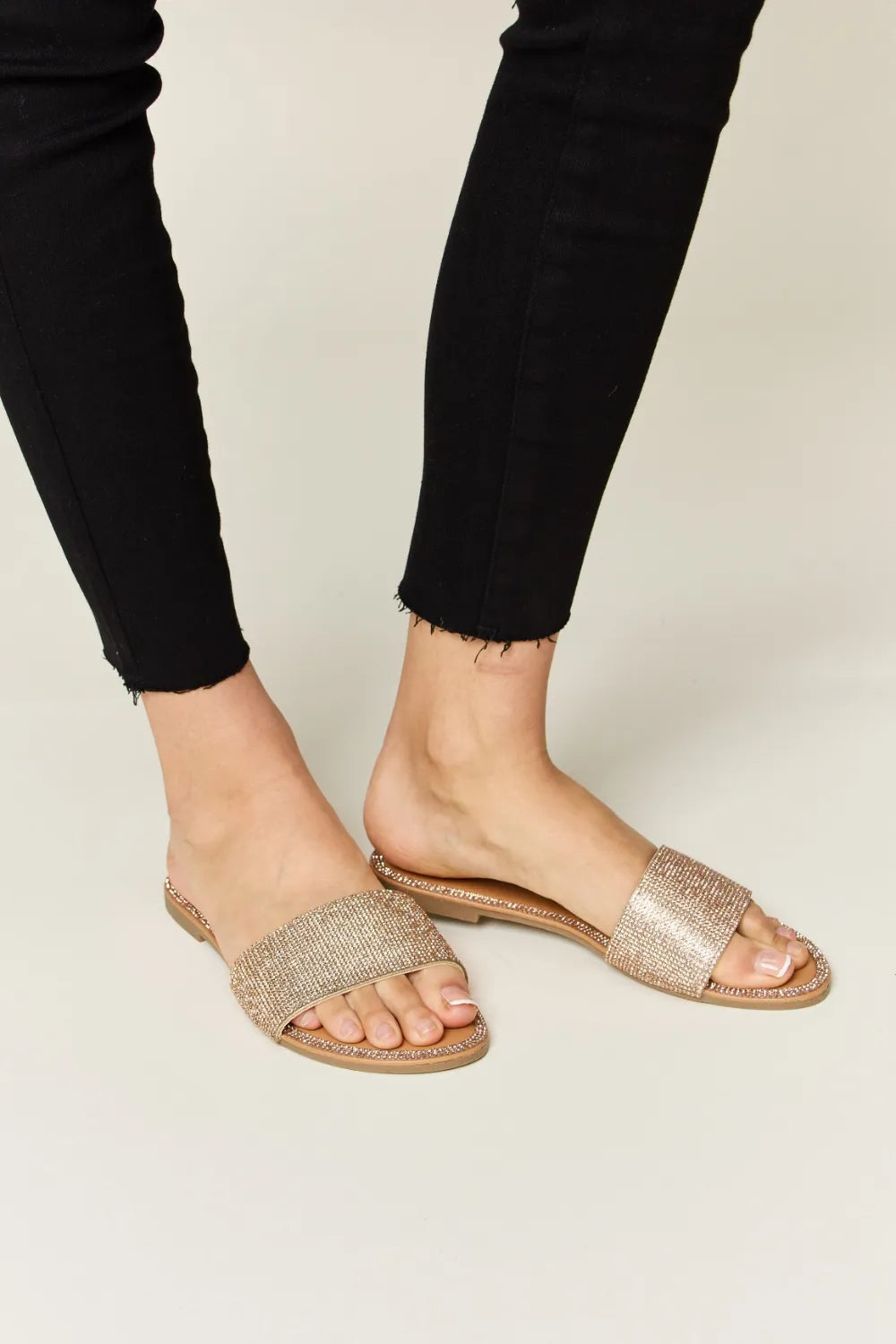 WILD DIVA Rhinestone Open Toe Flat Sandals ROSE GOLD Sandals