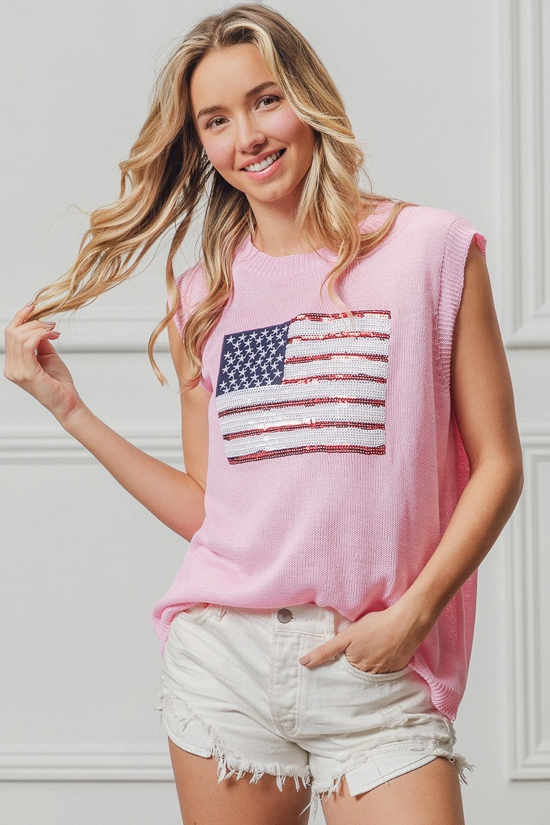 BiBi pink sleeveless knit top with sequined American flag patch