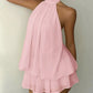 Soft pink halter-neck ruched chiffon mini romper with ruffled hem