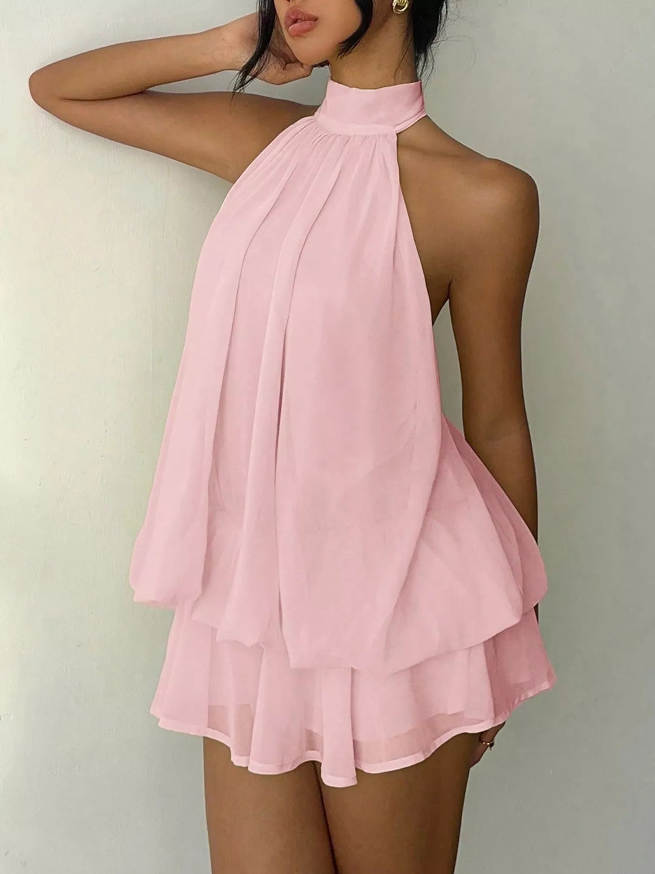 Soft pink halter-neck ruched chiffon mini romper with ruffled hem