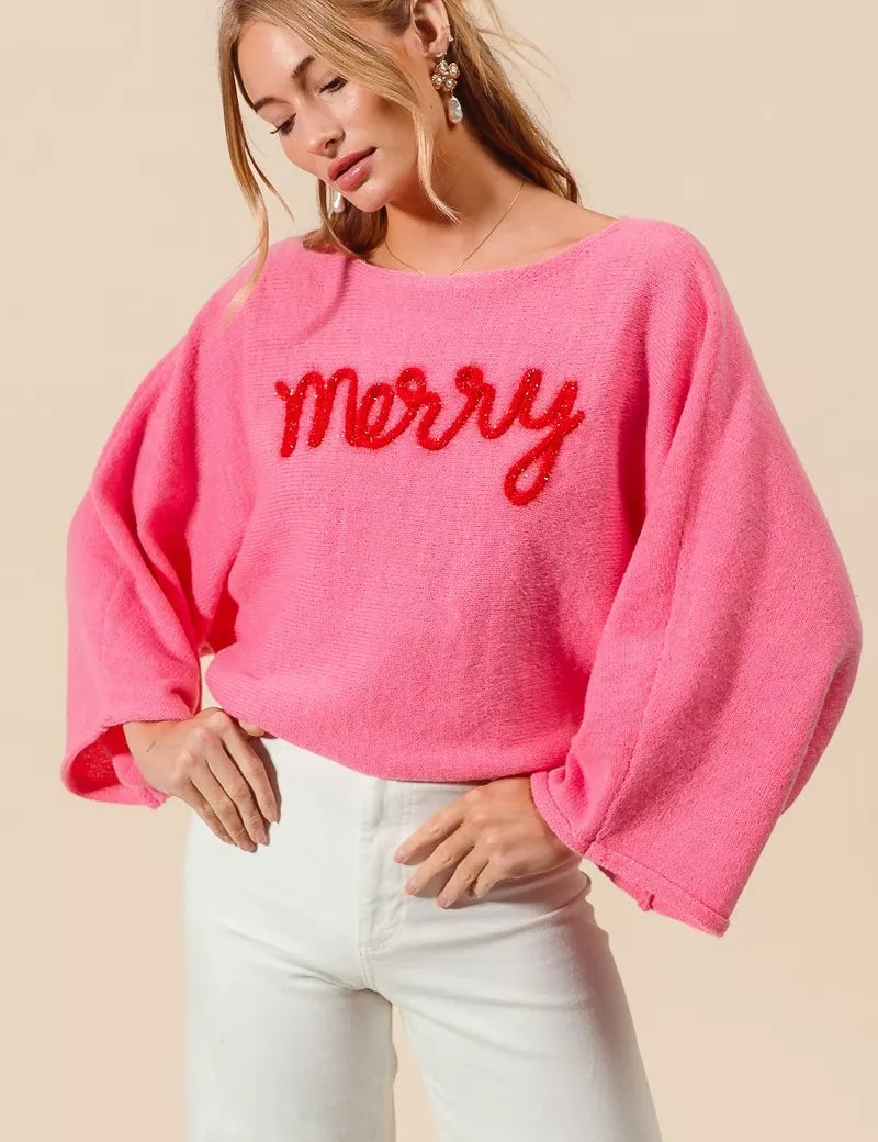 PINK RED SO ME Merry Tinsel Lettering Christmas Sweater Top Pink | Sweaters Daverri Fashions