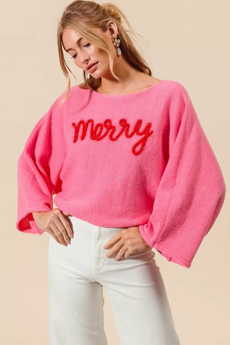 PINK RED SO ME Merry Tinsel Lettering Christmas Sweater Top Pink | Sweaters Daverri Fashions