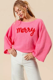 PINK RED SO ME Merry Tinsel Lettering Christmas Sweater Top Pink | Sweaters Daverri Fashions