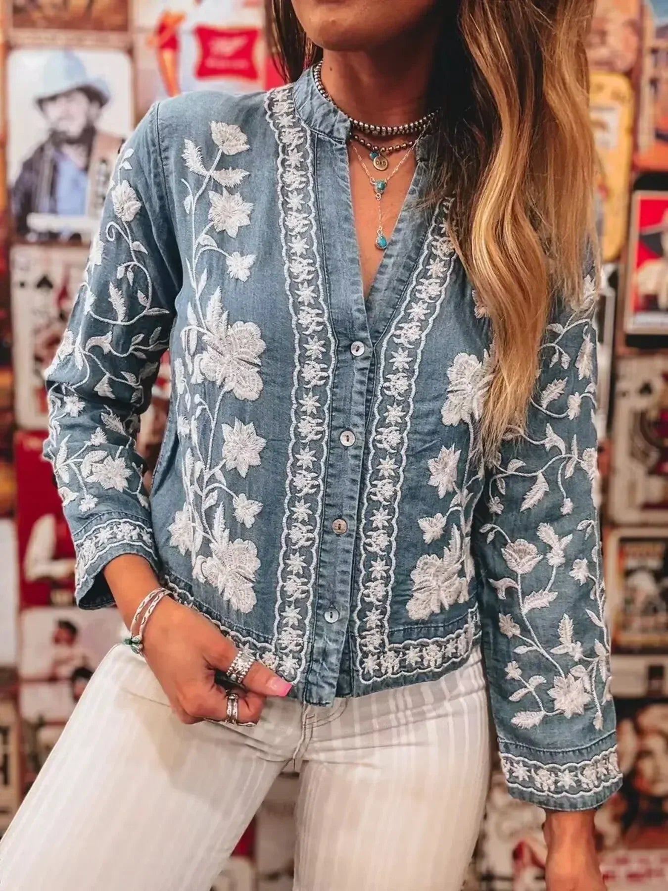 Floral Embroidered Button Up Denim Shirt - DAVERRI FASHIONS