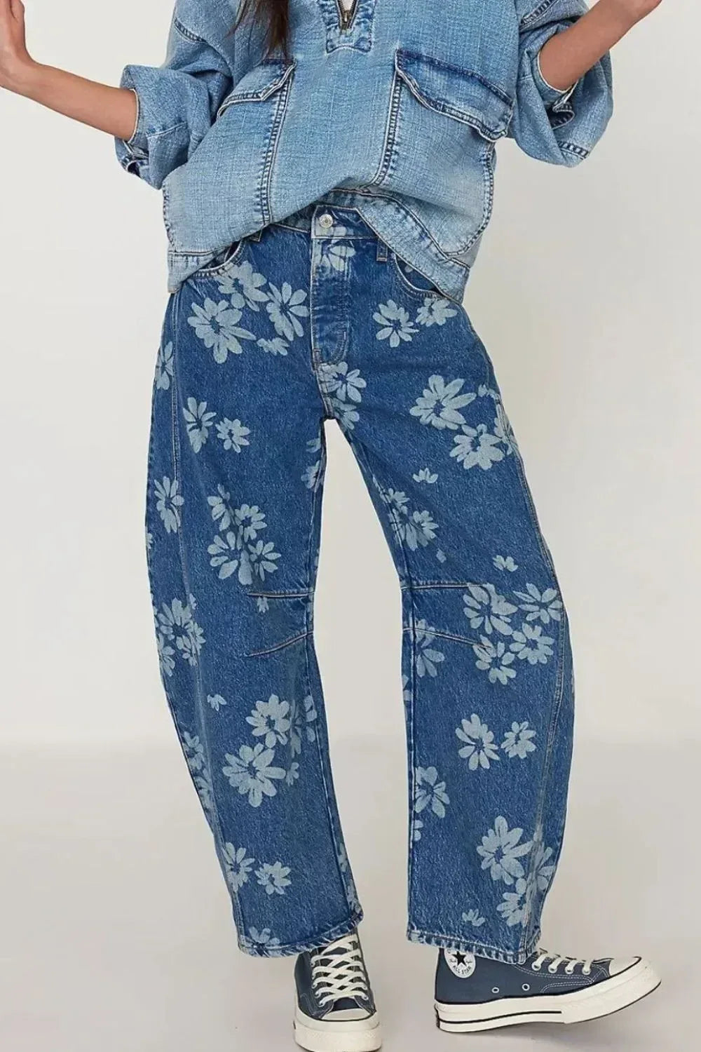 Flower Print Wide Leg Jeans - DAVERRI FASHIONS