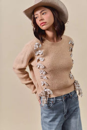 SO ME Checkered Plaid Tape Lace Up Ribbed Sweater | Daverri Fashions