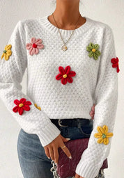 Crochet Flower Round Neck Long Sleeve Sweater | Sweaters Daverri Fashions