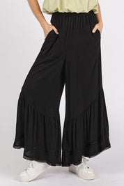 Mittoshop Lace Ruffle Asymmetric Hem Wide Leg Pants Black Pants