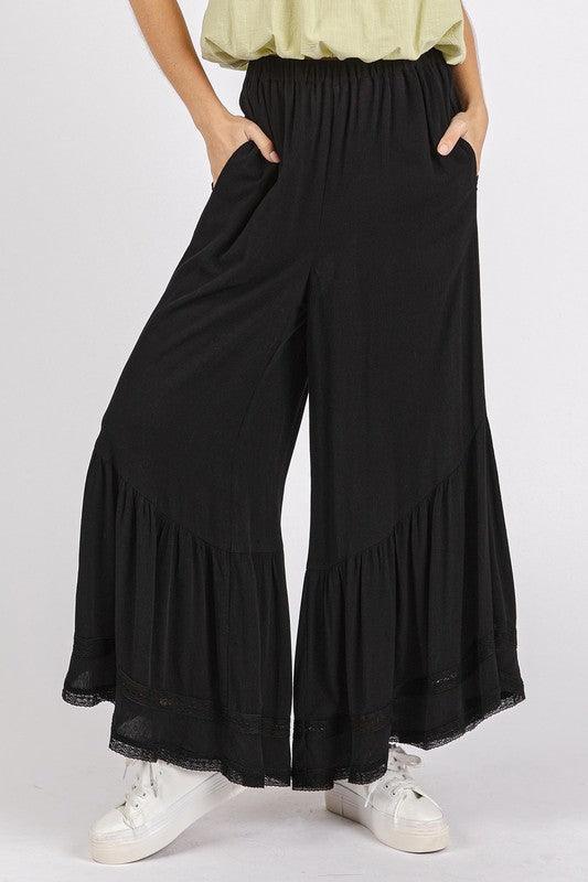 Mittoshop Lace Ruffle Asymmetric Hem Wide Leg Pants - DAVERRI FASHIONS