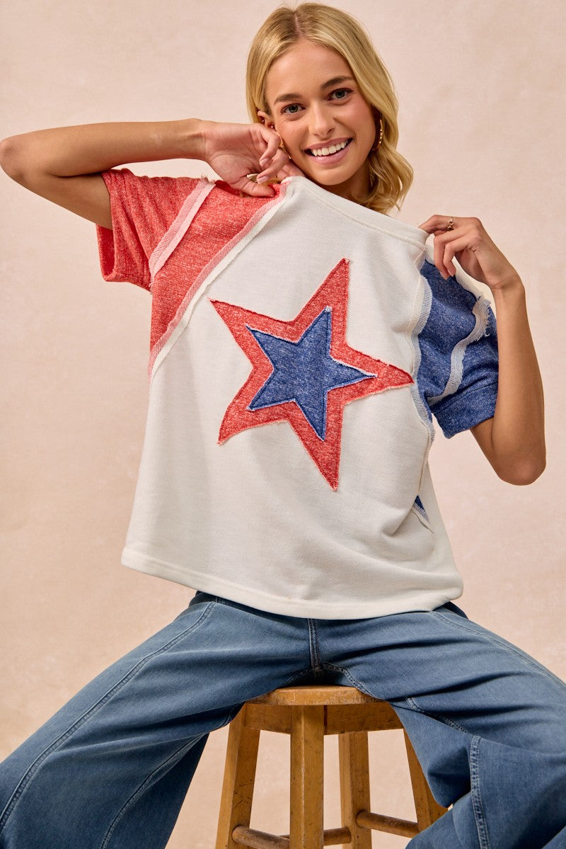 BiBi contrast French terry Fourth of July star t-shirt, white red blue