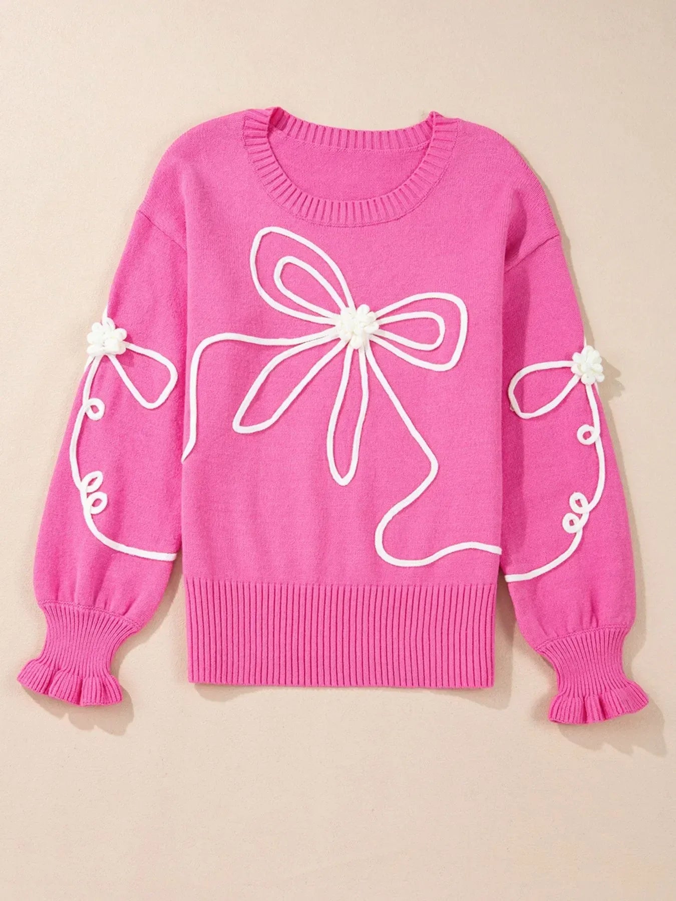 Ribbed Hem Long Sleeve Bow Tie Sweater - DAVERRI FASHIONS