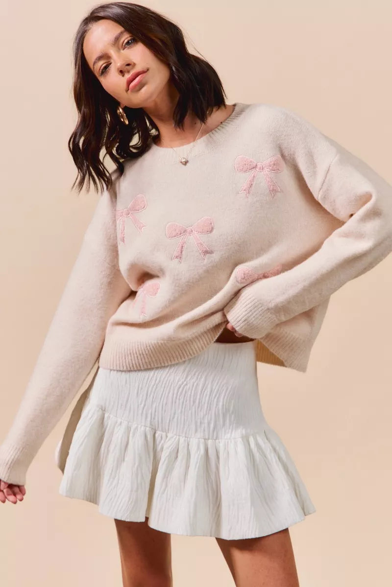 SO ME cream knit sweater with pink bow embroidery
