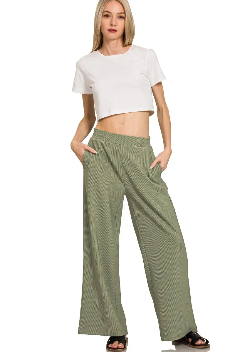 Zenana Ribbed High Neck Half Zip Pullover & Pants Set Outfit Sets