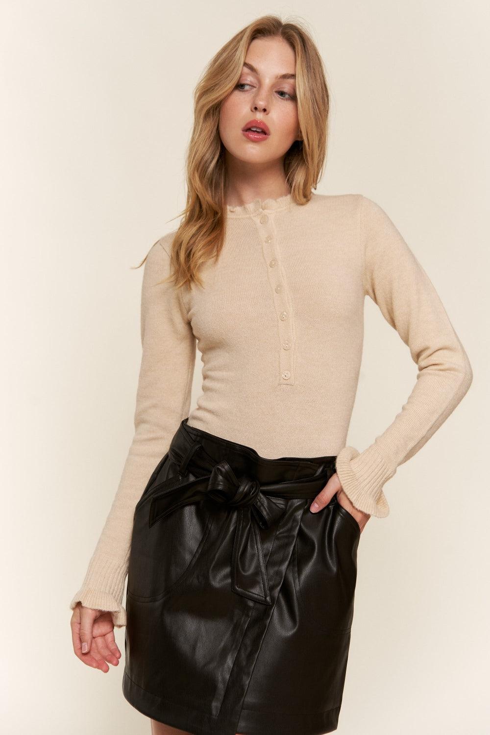 Beige And The Why Half Button Round Neck Long Sleeve Bodysuit | Daverri Fashions