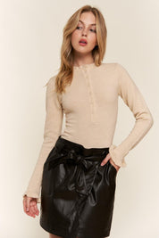 Beige And The Why Half Button Round Neck Long Sleeve Bodysuit | Daverri Fashions
