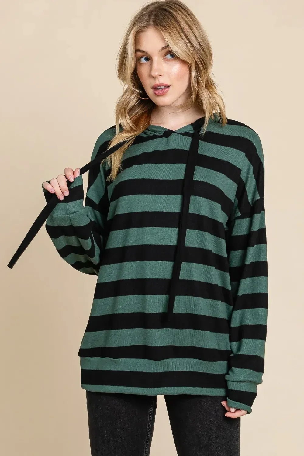BOMBOM Drawstring Striped Dropped Shoulder Hoodie - DAVERRI FASHIONS